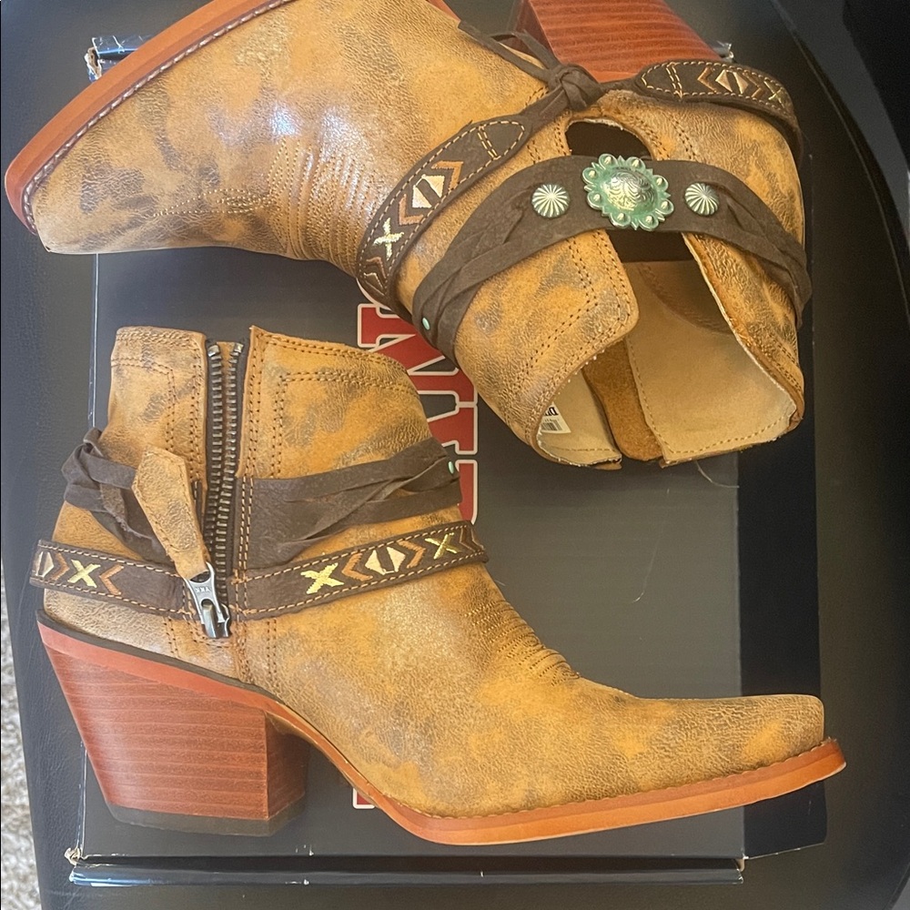 Durango Tan and Brown Ankle Boots with Turquoise Accent